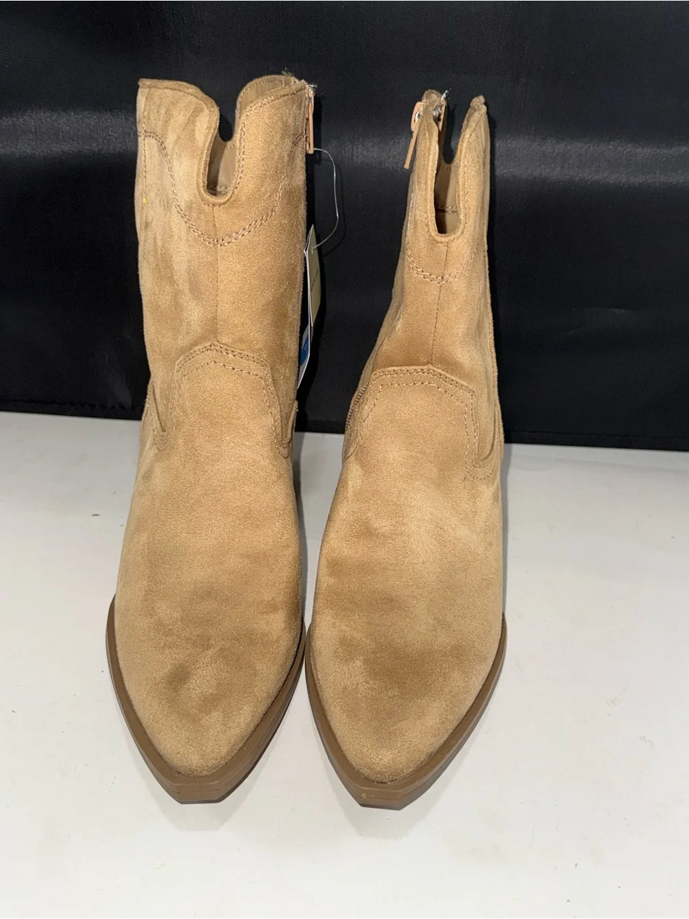 Size 7.5 Universal Thread Tan Suede-Look  Pointed-Toe Western Booties 3” heel